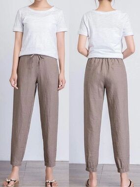 IXIMO 100% Linen Jogger Pants Taupe Drawstring Elastic Ankle Small NWT